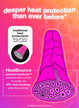 HeatBounce heat protectant with pink hair illustration and text on a gradient background